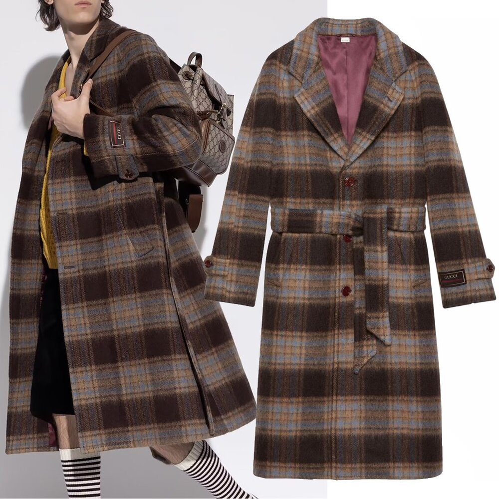 GUCCI COAT MENS CLASSIC CHECK WOOL LOGO PATCH JACKET sz 48